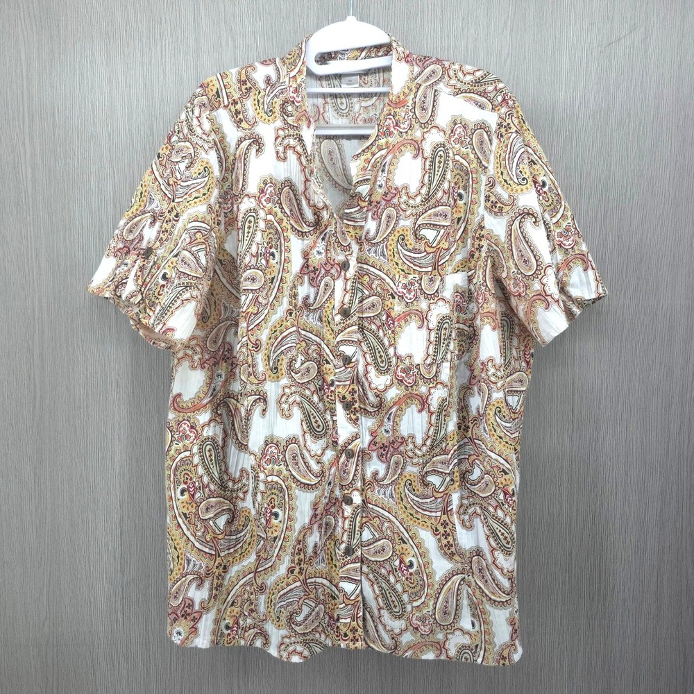 CJ Banks Paisley Tunic Short Sleeve Button Front White Boho Top Womens 2X